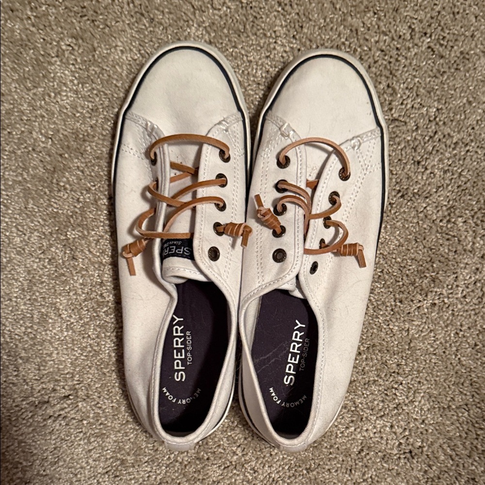 Sperry Women’s Canvas Boat Shoes Brown Laces size 8.5 Top Siders w Memory Foam